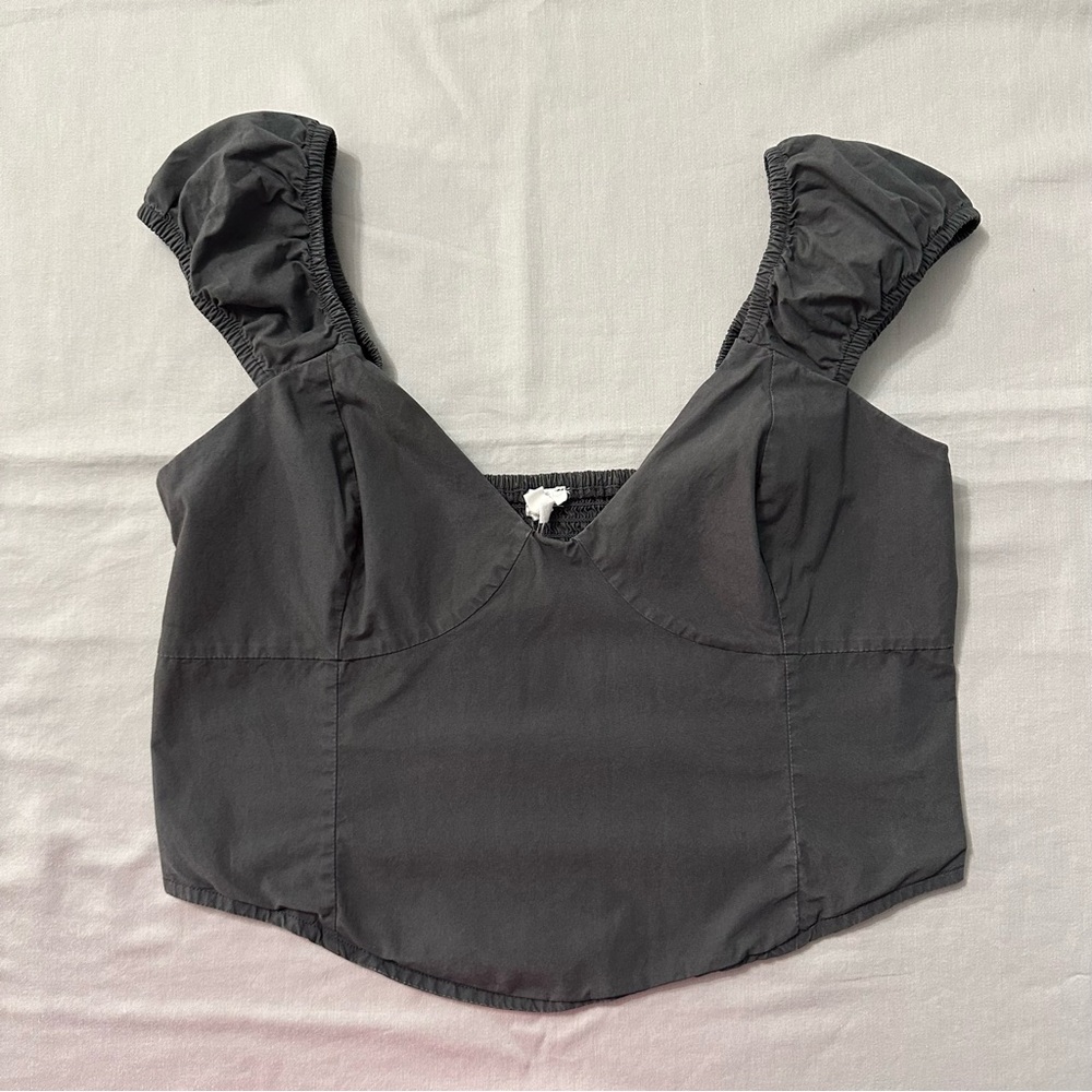 Aerie Grey Corset Seam Cropped Tank Top Ruffle Shoulder Cottagecore M